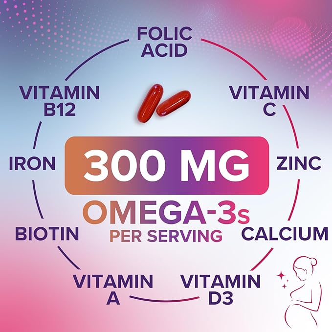 Prenatal Vitamins for Women with Folate & DHA, Prenatal Multivitamin Supports Brain Development with Folic Acid, Omega 3, Vitamin A, C, D, B6, B12 & Iron, Pregnancy Supplement, Non-GMO - 240 Softgels