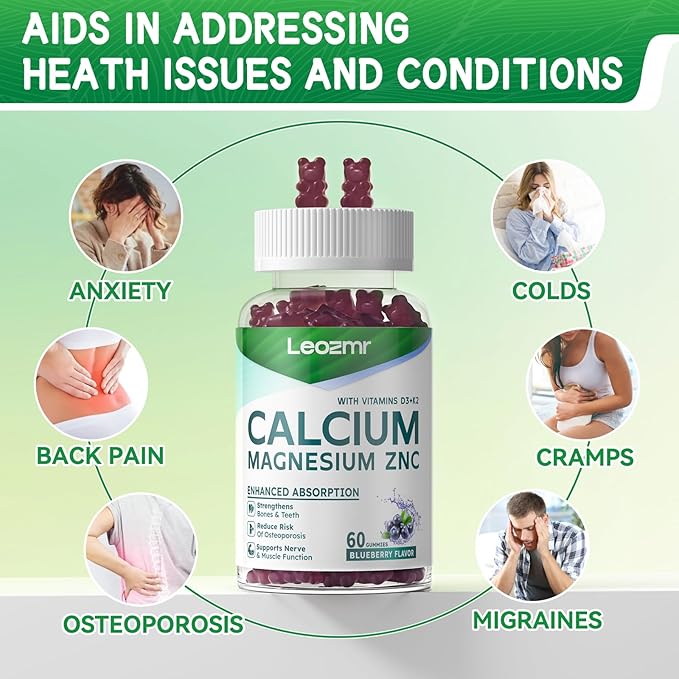 Calcium Magnesium Zinc Gummies with Vitamin D3 & K2 - High Potency Enhanced Absorption -120 Blueberry Gummies Flavored