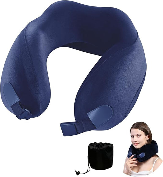 Neck Pillow for Airplane Travel Memory Foam - 360° Support for Long Flights & Car/Office Use, Machine Washable Pain Relief Pillow with Breathable Cover (Gemstone Blue)