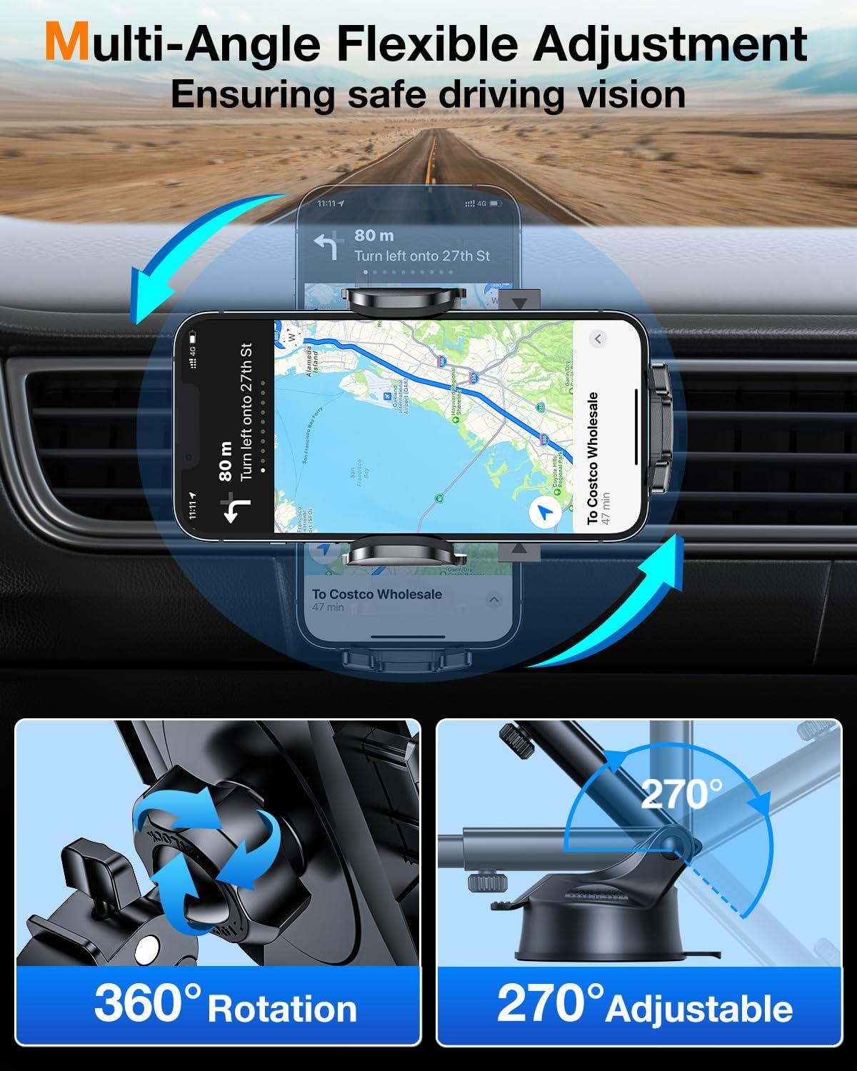 HTU [True Military-Grade] 2025 Upgraded Car Phone Holder 【Safety Certs & No Smell】 Cell Phone Holder for Car Mount for Dashboard Windshield Air Vent Long Arm Thick Case,Purple