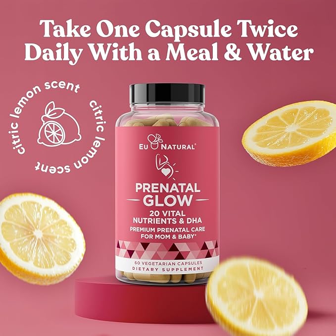 Glow Prenatal Vitamins for Women – 20-in-1 Vital Nutrients for Healthy Pregnancy and Fetal Development – Folic Acid & Vegan DHA For Baby's Growth & A Comfortable Pregnancy – 60 Nourishing Capsules