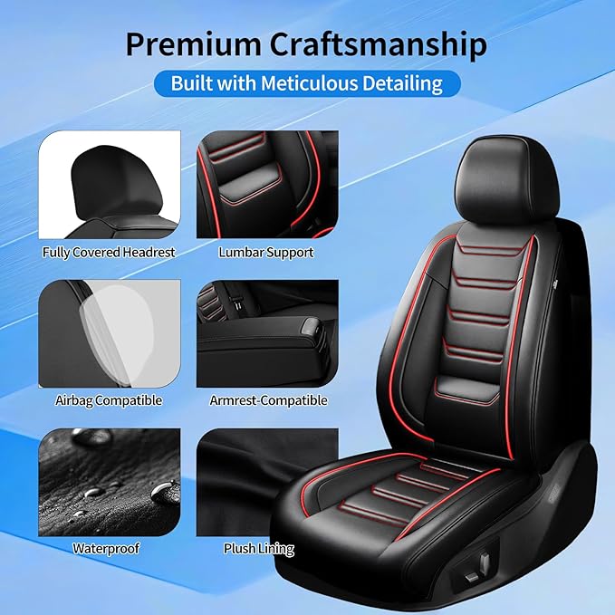 Fit RAV4 Car Seat Covers for Select Toyota RAV 4 2013-2026 /RAV4 Hybrid - Premium Full Coverage Leather, Waterproof & All Weather Seat Cushion Protector, Full Set, Black with Red Trim