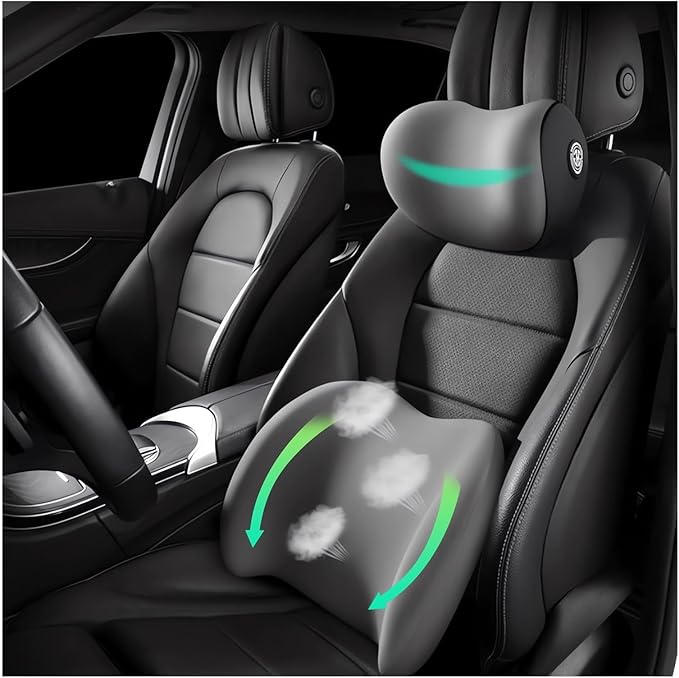 Car Headrest & Lumbar Support Cushion Ergonomic Car Seat Neck Back Rest Pillows Orthopedic Memory Foam Head Rest and Lower Lumbar Support Pillow Set Backrest Driving Seat Office Chair Support (Grey)