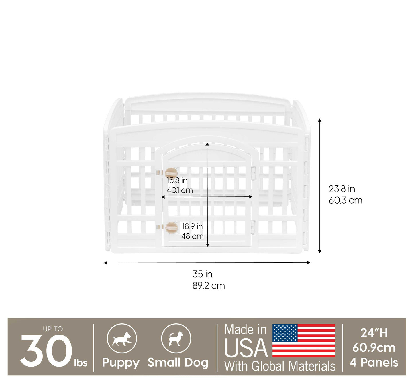 IRIS USA 24" 4-Panel Dog Playpen with Door, 35 x 35 x 24, Puppy Playpen, Dog Play Pen Indoors, Pet Fence, Small Pets, White