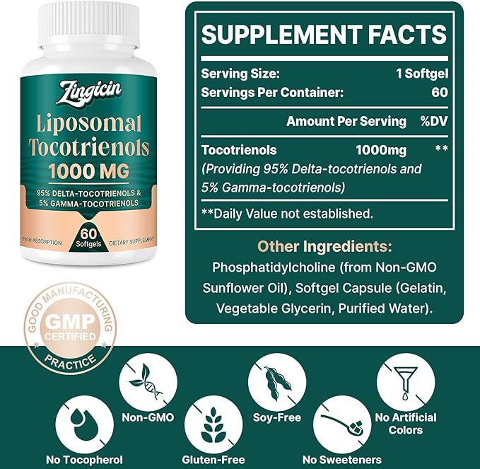 Vitamin E Tocotrienols - Liposomal Vitamin E Oil 1000mg, Highly Absorbable Delta Tocotrienol and Gamma Tocotrienol, 60 Softgels
