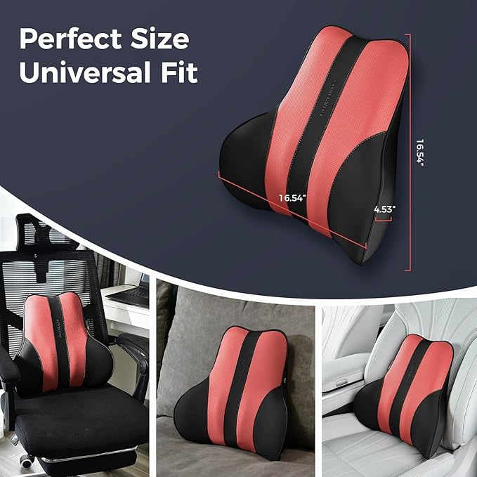Coverado Lumbar Support Pillow for Car, Ergonomic Memory Foam Back Pillow for Office Chair, Back Cushion for Back Pain Relief, PU Leather Car Lumbar Support for Driving Seat
