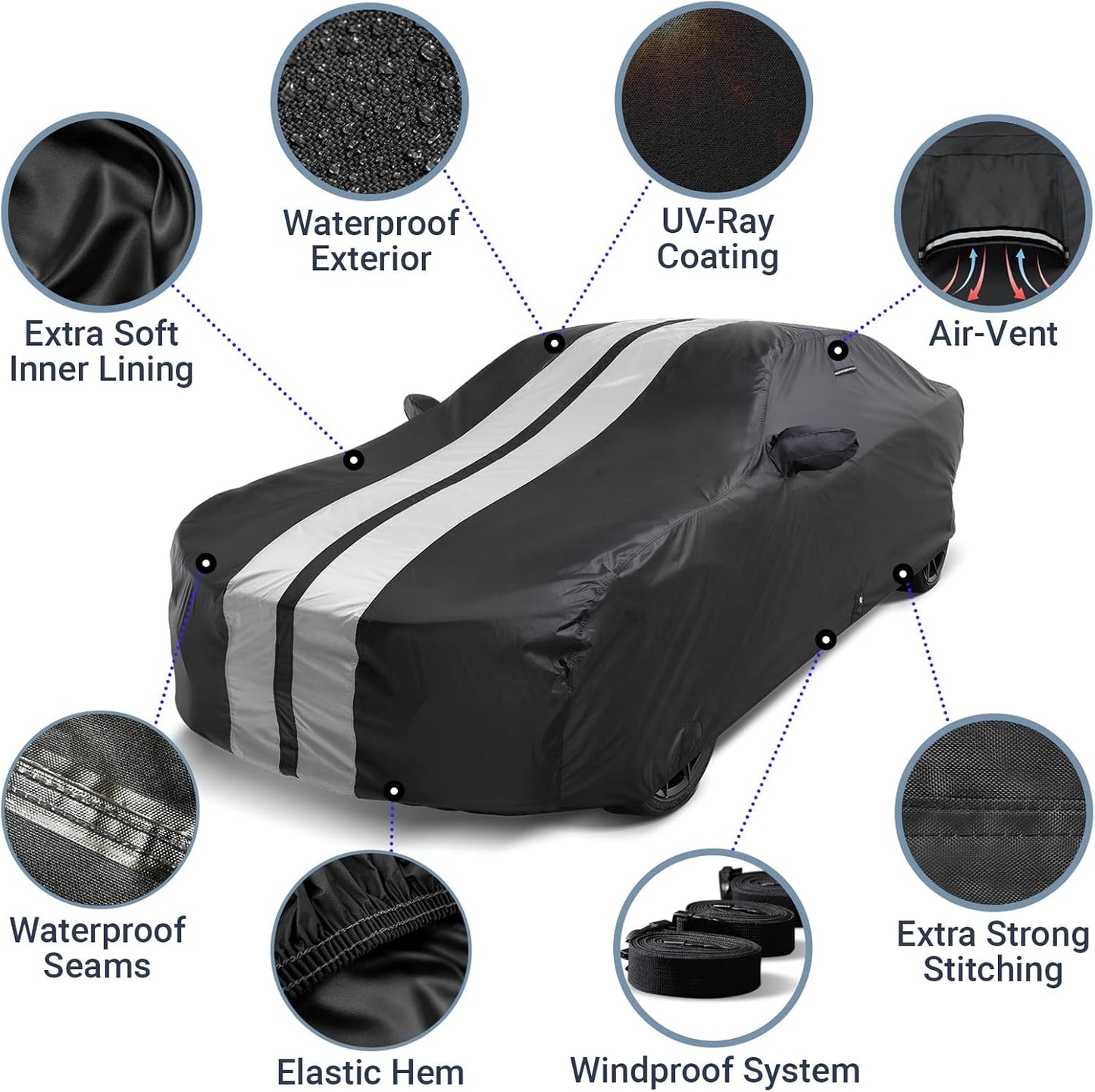 iCarCover Custom Car Cover for Pontiac G5 (2007-2010) Waterproof All-Weather Rain Snow UV Sun Protector Full Exterior Indoor Outdoor Car Cover (Stripe - Black/Gray)