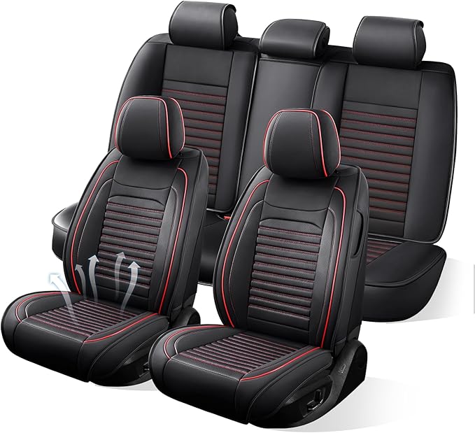 Car Seat Covers Full Set Fit for Toyota Camry 2001-2026, Premium Faux Leather Car Seat Protector,Breathable Anti-Slip Full Wrapping Edge Seat Covers(Black&Red,Full Set)