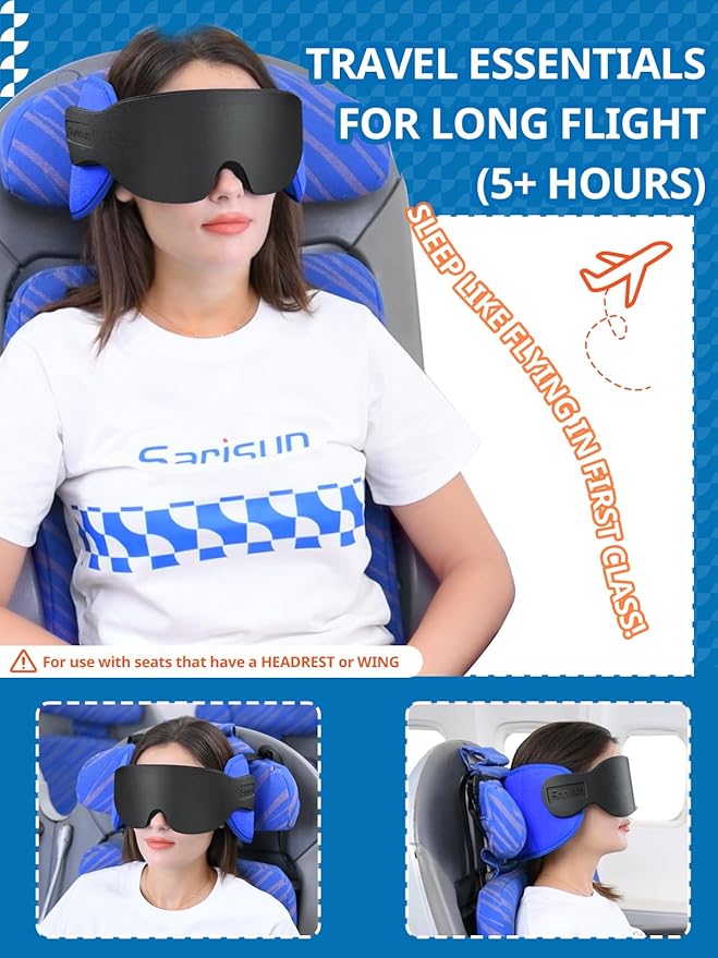 Travel Pillows for Airplanes, Airplane Pillow for Long Flight, Airplane Head Strap with Sleep Eye Mask, 360° Headrest for Car Trip, Stop Bobblehead, Mottled Grey