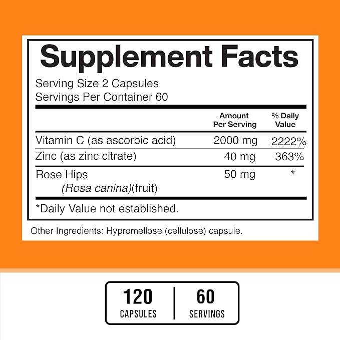 American Standard Supplements Vitamin C 2000mg, Zinc 40mg, and Rose HIPS 50mg Per Serving – Vegan, Gluten Free, Non-GMO (120 Count)