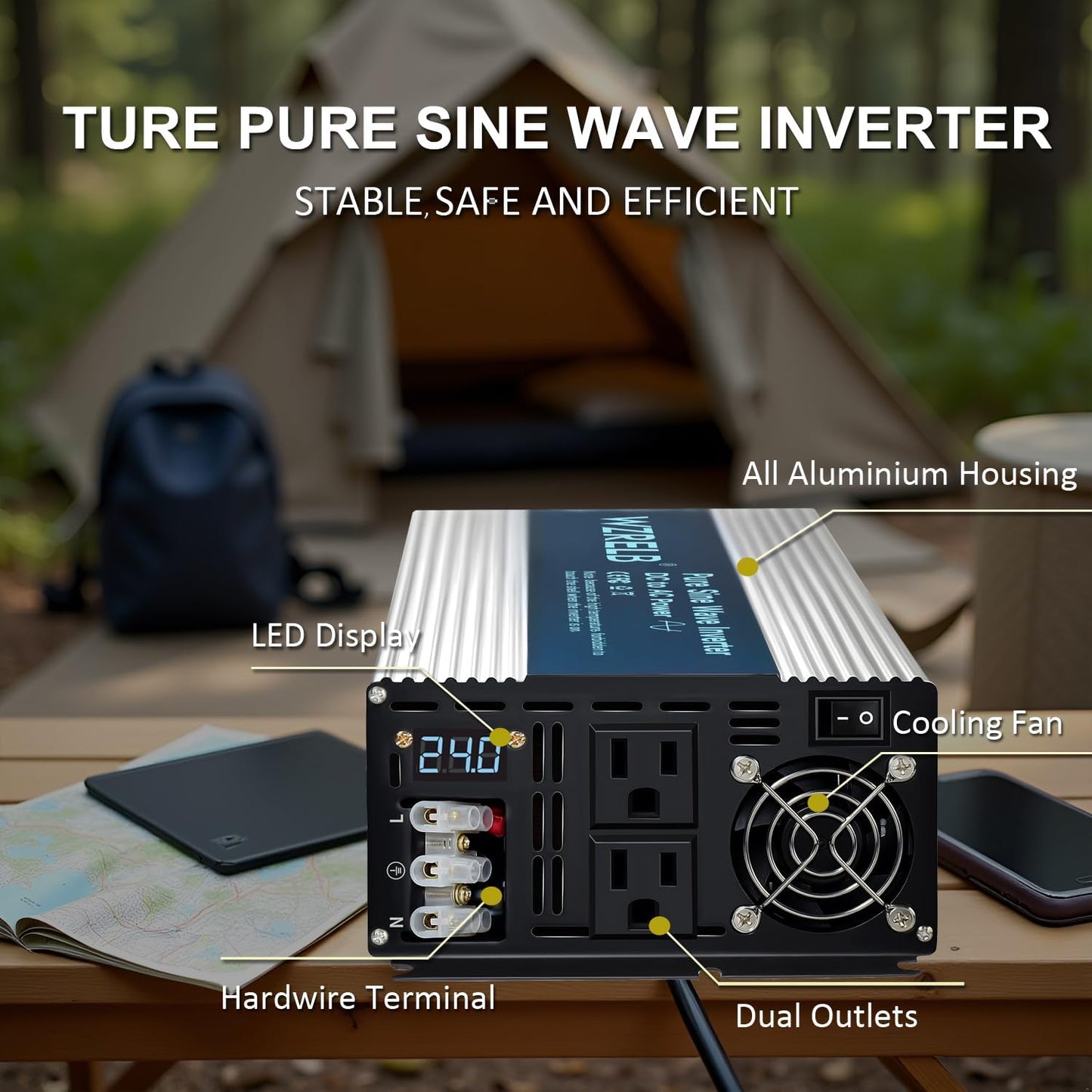 WZRELB 4000W Pure Sine Wave Inverter, Car Power Inverter 24V DC to 110V 120V AC Converter for RV, Truck, Solar, Outdoor with Dual AC Outlets, Hardwire Port, Surge 8000W, LED Display,Off-Grid