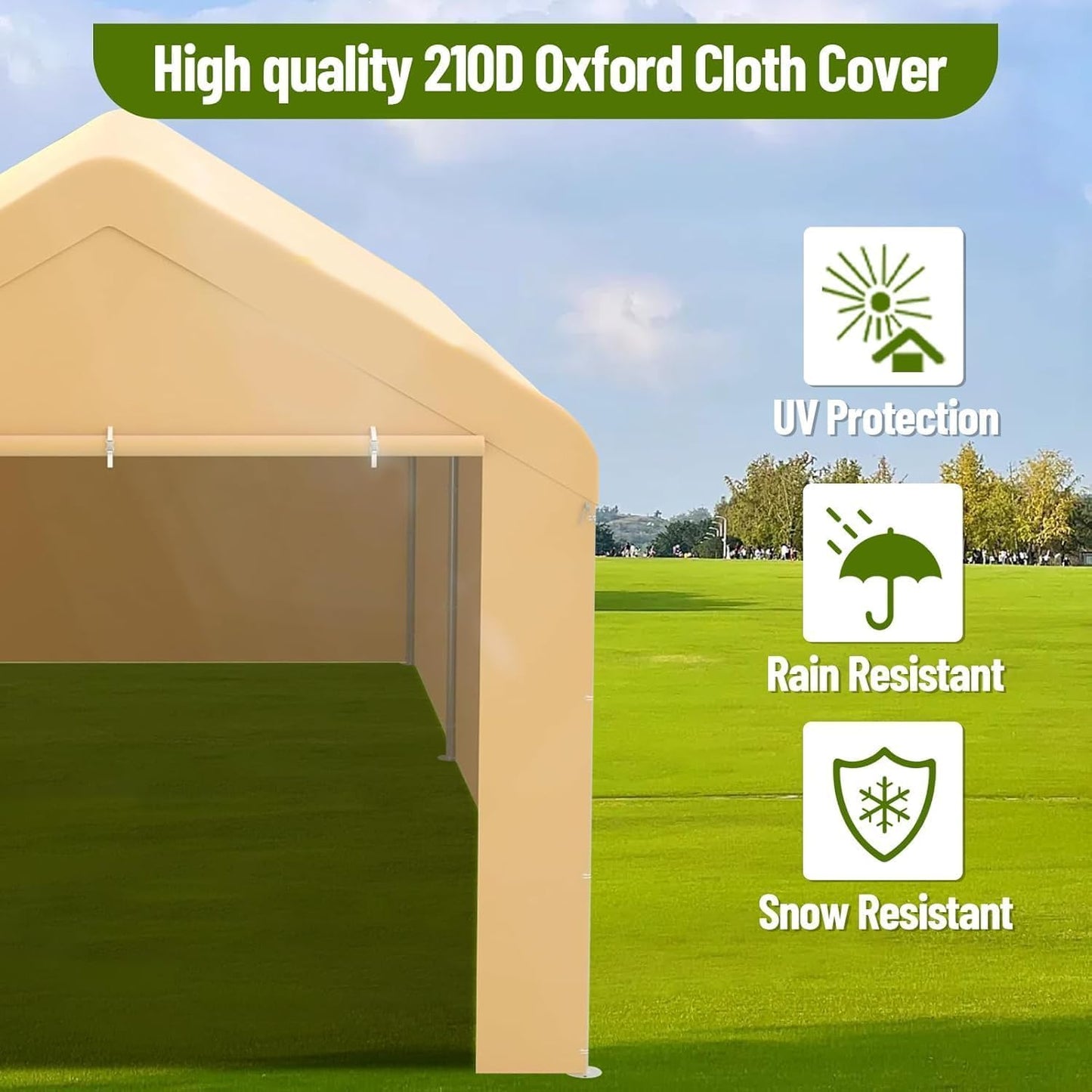 10x20 Ft. Metal Carport Garage with PE Fabric and Galvanized Steel Frame Outdoor Shelter for Cars, Trucks and Boats with 4 Doors and Mesh Windows for Ventilation - Yellow
