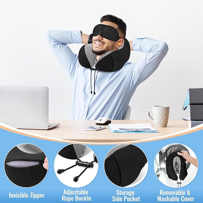 CloudBliss Travel Pillow Premium Memory Foam, Comfortable & Supportive Neck Pillow, Neck Pillows for Sleeping Travel, Airplane Pillow for Sleeping Airplane, Car, Office and Home（Black & Black）