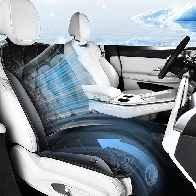 FLORICH Cooling Car Seat Cover 12V-24V Ventilated Cooling Car Seat Cushion with 3-Speed Adjustable Breathable Mesh & Leather Cooling Seat Pad Universal Fit Car SUV Truck Van for Summer Driving, Black
