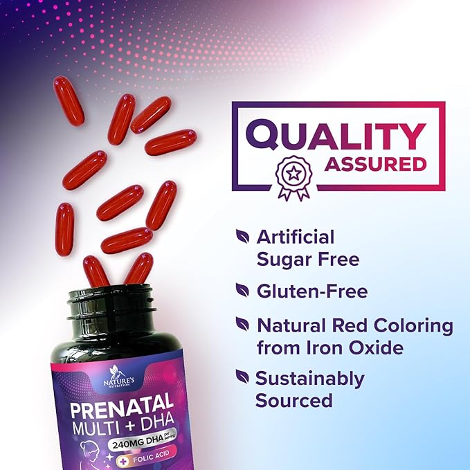 Prenatal Vitamins for Women with Folate & DHA, Prenatal Multivitamin Supports Brain Development with Folic Acid, Omega 3, Vitamin A, C, D, B6, B12 & Iron, Pregnancy Supplement, Non-GMO - 60 Softgels