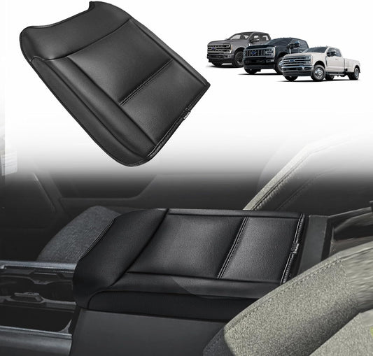 Muslogy Center Console Armrest Cover Compatible with Ford F250 F350 F450 2023 2024 2025 Super Duty Comfort Armrest Pad Arm Rest Cushion Vegan Leather Protector Regular Thick(Bucket Seat ONLY)