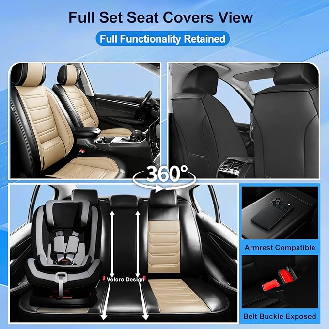 Fit Ridgeline Car Seat Covers for Select Honda Ridgeline 2007-2026 - Premium Full Coverage Leather, Airbag Compatible, Waterproof & All Weather Seat Cushion Protector, Full Set, Black+Beige