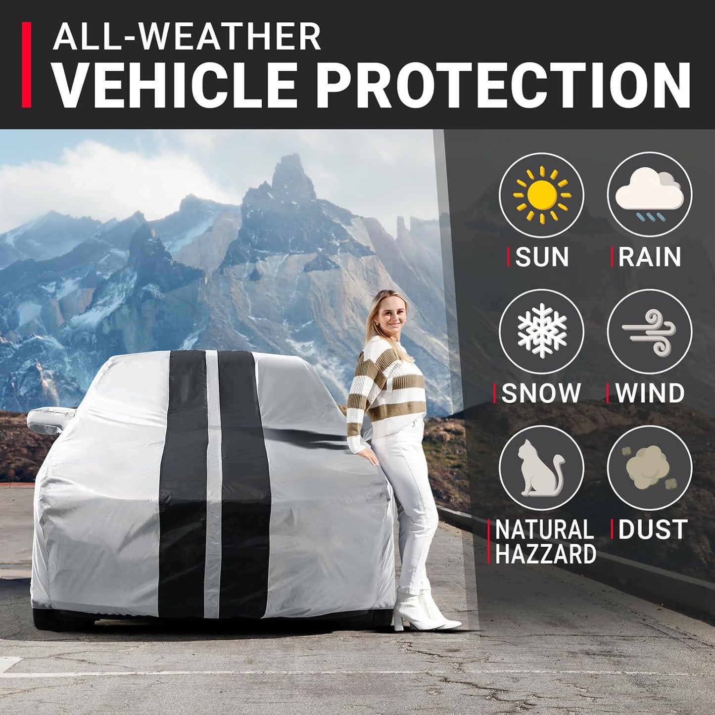 iCarCover Custom Car Cover for Pontiac Sunbird 4-Door (1988-1994) Waterproof All-Weather Rain Snow UV Sun Protector Full Exterior Indoor Outdoor Car Cover (Stripe - Gray/Black)