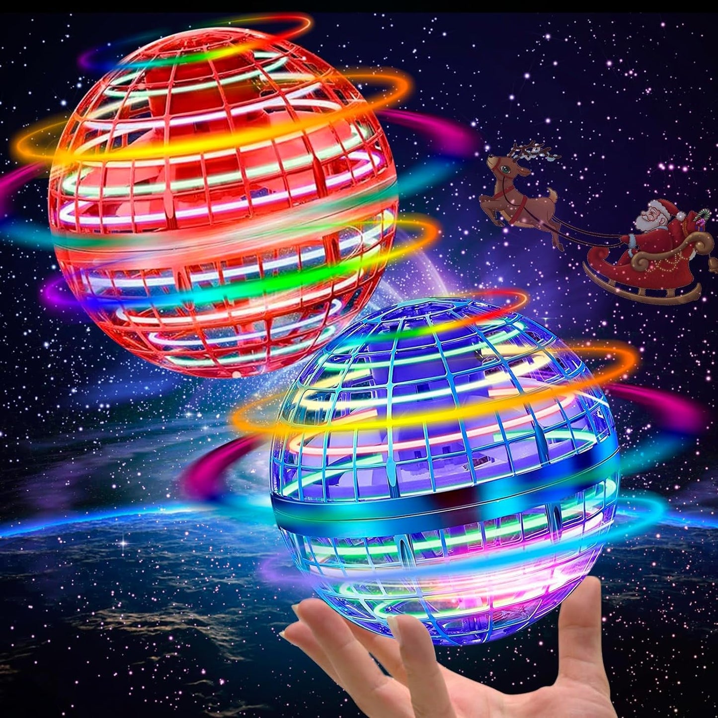 2Pack Flying Orb Ball Toy - 2024 Upgraded Magic Flying Orb Toy with LED Light 360°Rotating, Boomerang Flying Ball Toys Indoor Outdoor Fun Games, for Boys Girls Adults (Blue+Red)