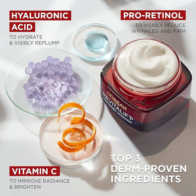 L'Oreal Paris Revitalift Triple Power Anti-Aging Face Moisturizer, Fragrance Free, Pro Retinol, Hyaluronic Acid & Vitamin C to Reduce Wrinkles, Firm & Brighten Skin, 2.55 Oz