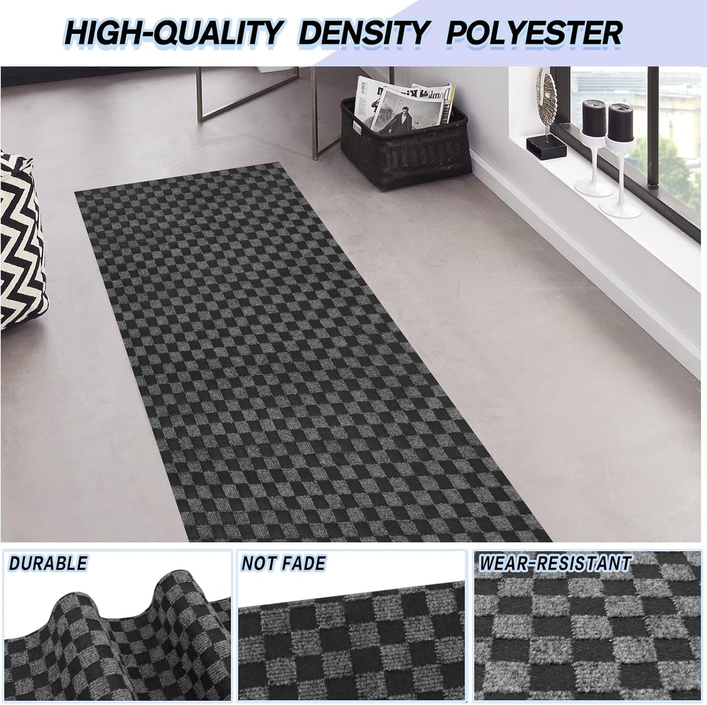Custom Size Backed Non-Slip Area Rugs Runner, Easy Clean, Waterproof Runner Rugs for Hallway Entryway, Kitchen, Laundry, 2FT x 36FT, Gray Checkered