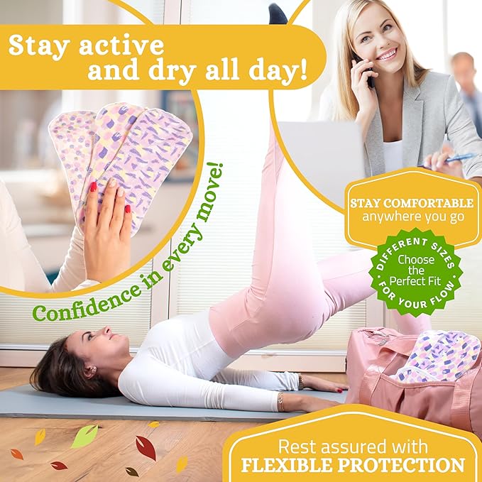 Non-Slip Organic Reusable Period Pads for Light Flow (S+M, 6-Pack); High-Temp Washable Cotton Cloth Pads for Women & Teens; Non-Irritating, Soft Reusable Pads Menstrual for Comfortable Period Care