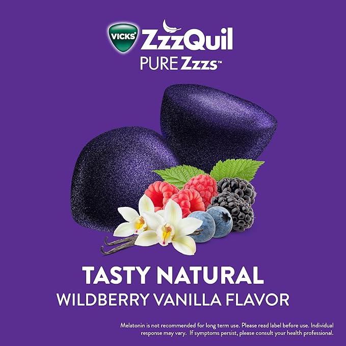 ZzzQuil Pure Zzzs, Melatonin Sleep Aid Gummies with Lavender, Valerian Root and Chamomile, Natural Wildberry Vanilla Flavor, Non-Habit Forming, Drug-Free, 24 Gummies (Pack of 4)