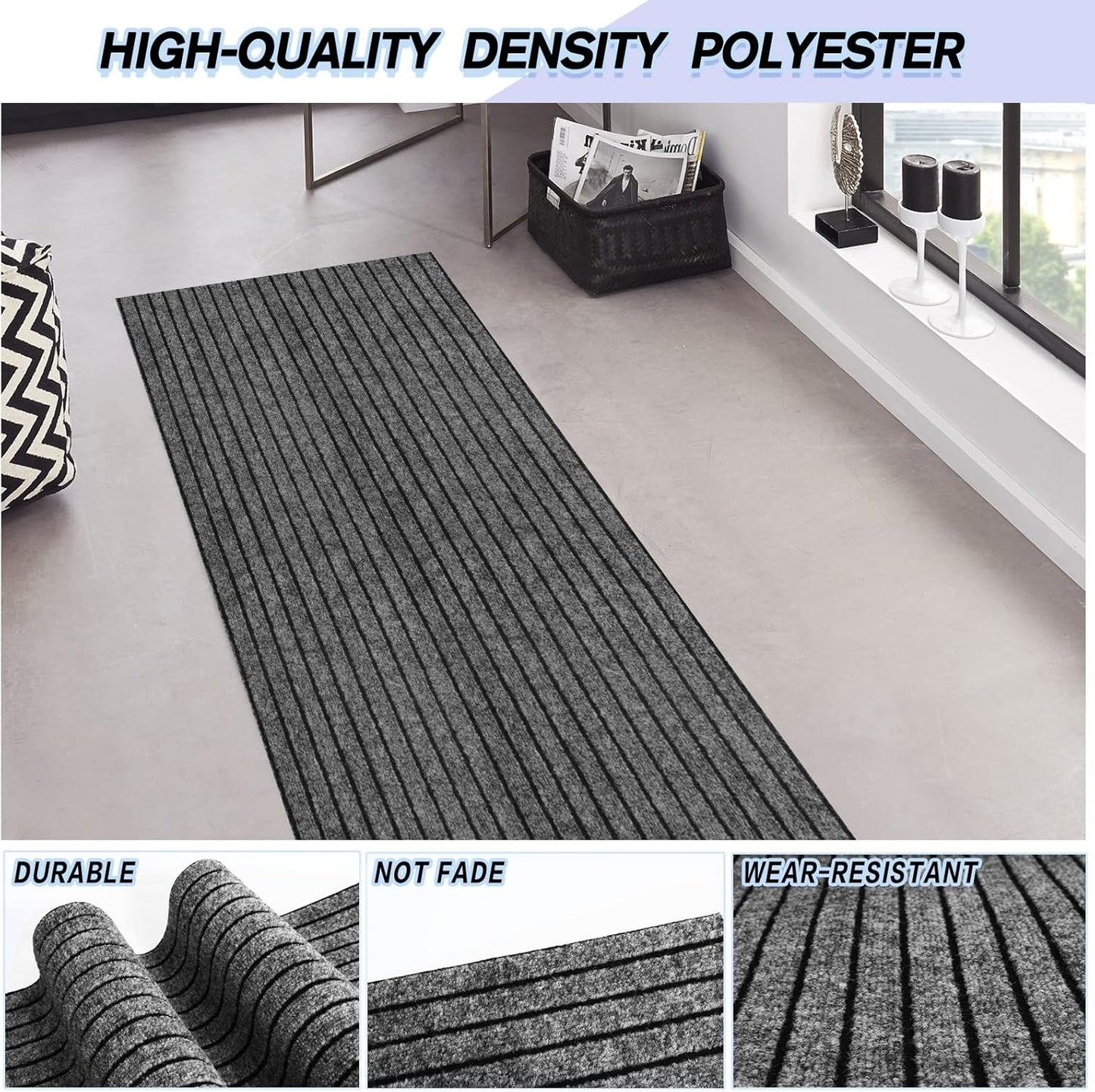 Custom Size Backed Non-Slip Area Rugs Runner, Easy Clean, Waterproof Runner Rugs for Hallway Entryway, Kitchen, Laundry, 2FT x 55FT, Gray Stripe