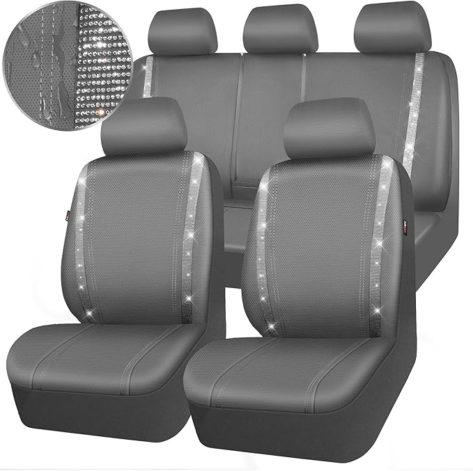 CAR PASS Bling Car Seat Covers Full Set, Shining Glitter Rhinestone Diamond Waterproof Faux Leather Interior Sets Universal Fit Automotive Glitter Crystal Sparkle Strips for Cute Women Girl, Gray