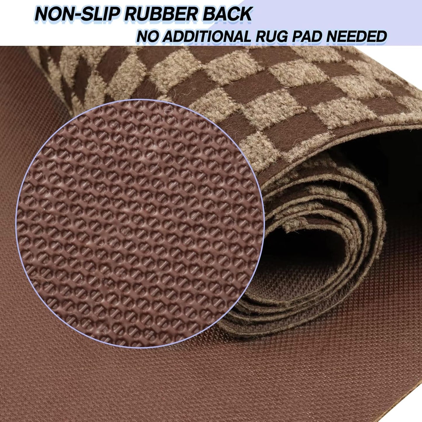 Custom Size Backed Non-Slip Area Rugs Runner, Easy Clean, Waterproof Runner Rugs for Hallway Entryway, Kitchen, Laundry, 4FT x 62FT, Brown Checkered