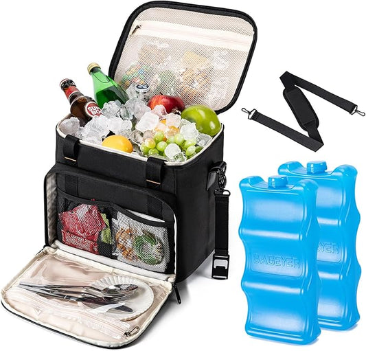Soft Cooler Bag with Two Ice Packs,Collapsible Cooler for Travel with Adjustable Shoulder Strap,Large Capacity Leakproof Insulated Soft Sided Cooler Bag for Camping, Hiking, Picnic