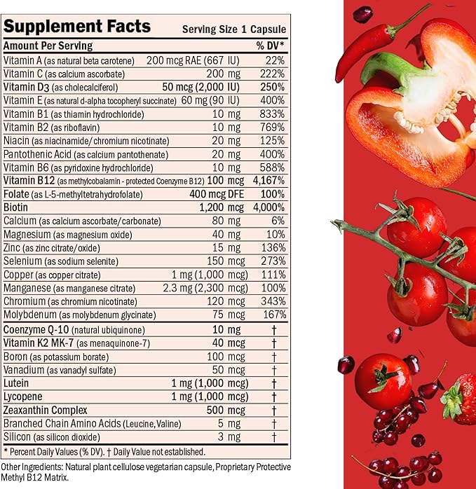 ANDREW LESSMAN Essential-1 Multivitamin 2000 IU Vitamin D3 180 Small Capsules - 100 mcg Methyl B12. CoQ10 Lutein Lycopene Zeaxanthin. High Potency. No Additives. Ultra-Mild. One Daily Capsule
