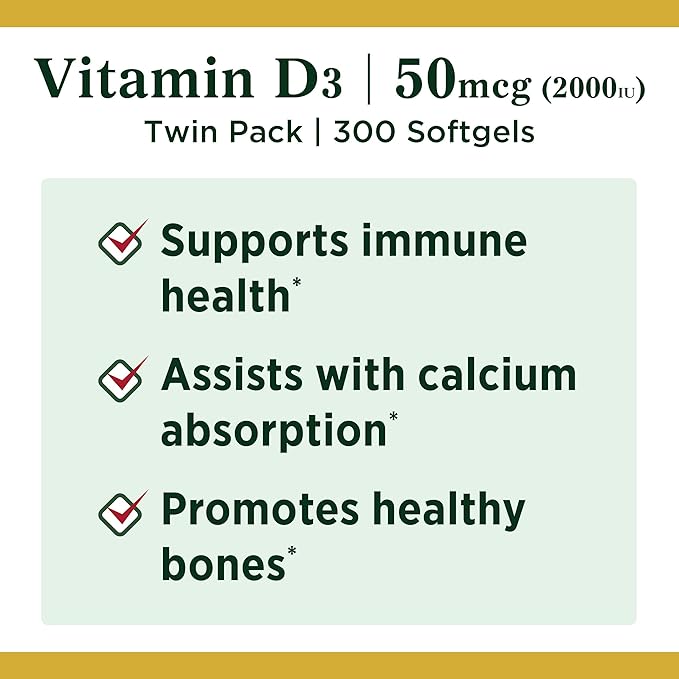 Vitamin D3 by Nature's Bounty, Vitamin Supplement, Supports Immune System and Bone Health, 50mcg, 2000IU,150 Count (Pack of 2)