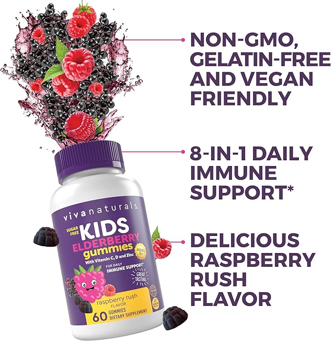 Viva Naturals 8in1 Elderberry Gummies for Kids with Vitamin C, D and Zinc - 60 Sugar Free Kids Immune Support Black Elderberry Gummies - Elderberry Vitamin C and Zinc Immune Support Supplement