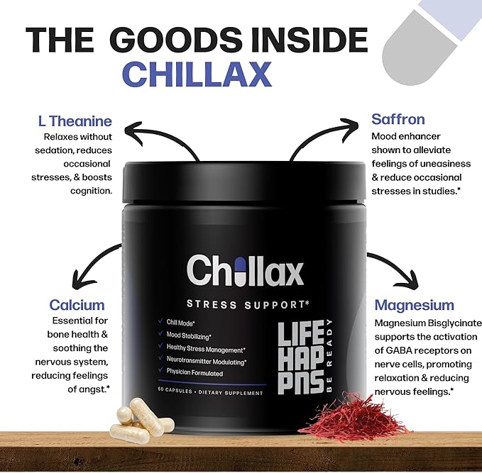 Life Happns Chillax, Calm Support Supplement, L Theanine, Magnesium, GABA and Saffron Supplements for Relaxation, Natural Mood Health Support for Adults, Calming and Relaxing, 60 Capsules