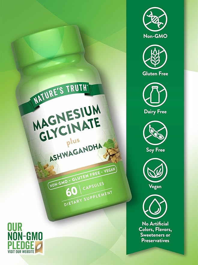 Nature's Truth Magnesium Glycinate with Ashwagandha | 60 Capsules | Vegan, Non-GMO & Gluten Free Supplement