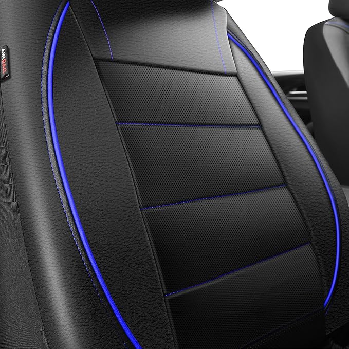 CAR PASS Universal FIT Piping Leather Two Front Seat Covers, Waterproof Faux Leather for SUV Sedan Van Truck, Airbag Compatible,Reserved Opening Holes for Headrest Covers. (Black and Blue)