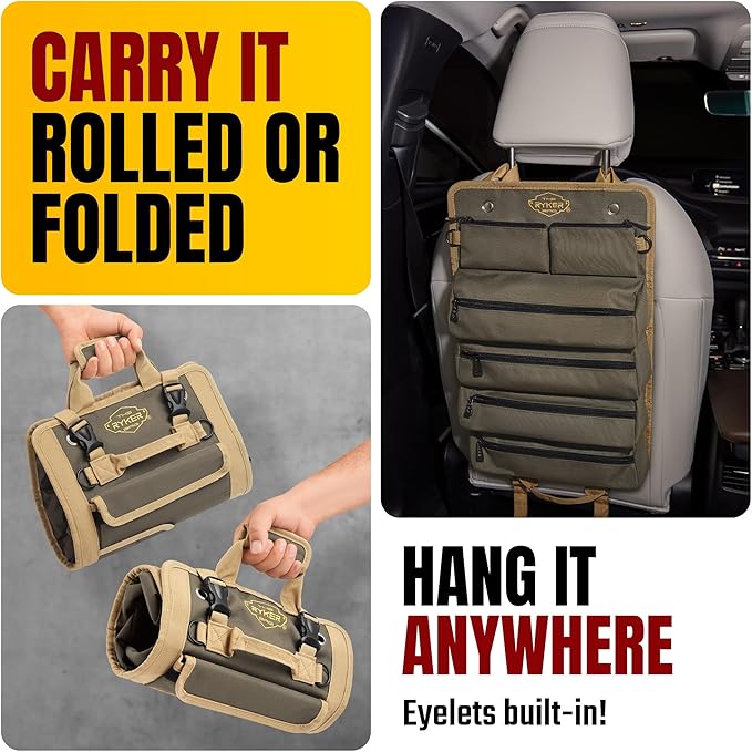 The Ryker Roll Up Tool Bag Organizer Gifts for him Heavy Duty Motorcycle Tool Roll Bag Organizer Portable Rollup Toolbag w/Accessible Pouches - Mens gifts for Dad, Mechanic & Electrician (AP-TR)