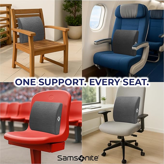 Samsonite Ergonomic Lumbar Support Pillow for Office Chair and Car Seat - Memory Foam Back Support Lumbar Pillow Premium Cushion Chair Support for Lower Back Pain Relief and Versatile Use (Slate Grey)
