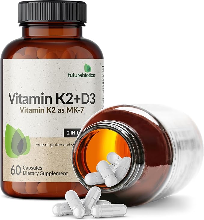 Futurebiotics Vitamin K2 (MK7) with D3 Supplement - Non-GMO Formula - 5000 IU Vitamin D3 & 90 mcg Vitamin K2 MK-7, 60 Vegetarian Capsules