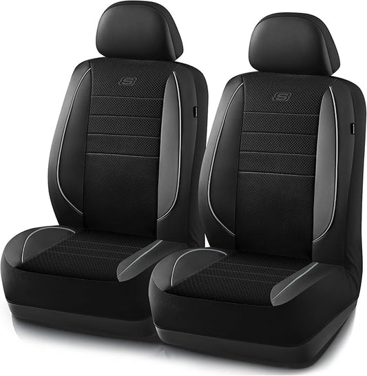 Skechers Air-Cooled Memory Foam Seat Covers,Mesh Thick Car Seat Covers,Piping Leather Car Seat Covers Front Seats,Airbag Compatible,Automotive ComfortUniversal Fit Most Cars,Vans,Truck,SUV,Gray