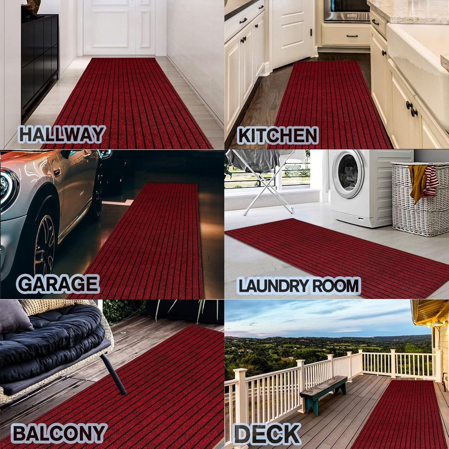 Custom Size Backed Non-Slip Area Rugs Runner, Easy Clean, Waterproof Runner Rugs for Hallway Entryway, Kitchen, Laundry, 3FT x 24FT, Red Stripe
