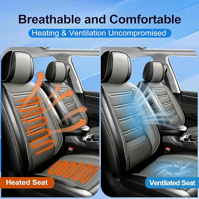 Fit Ridgeline Car Seat Covers for Select Honda Ridgeline 2007-2026 - Premium Full Coverage Leather, Airbag Compatible, Waterproof & All Weather Seat Cushion Protector, Full Set, Black+Gray