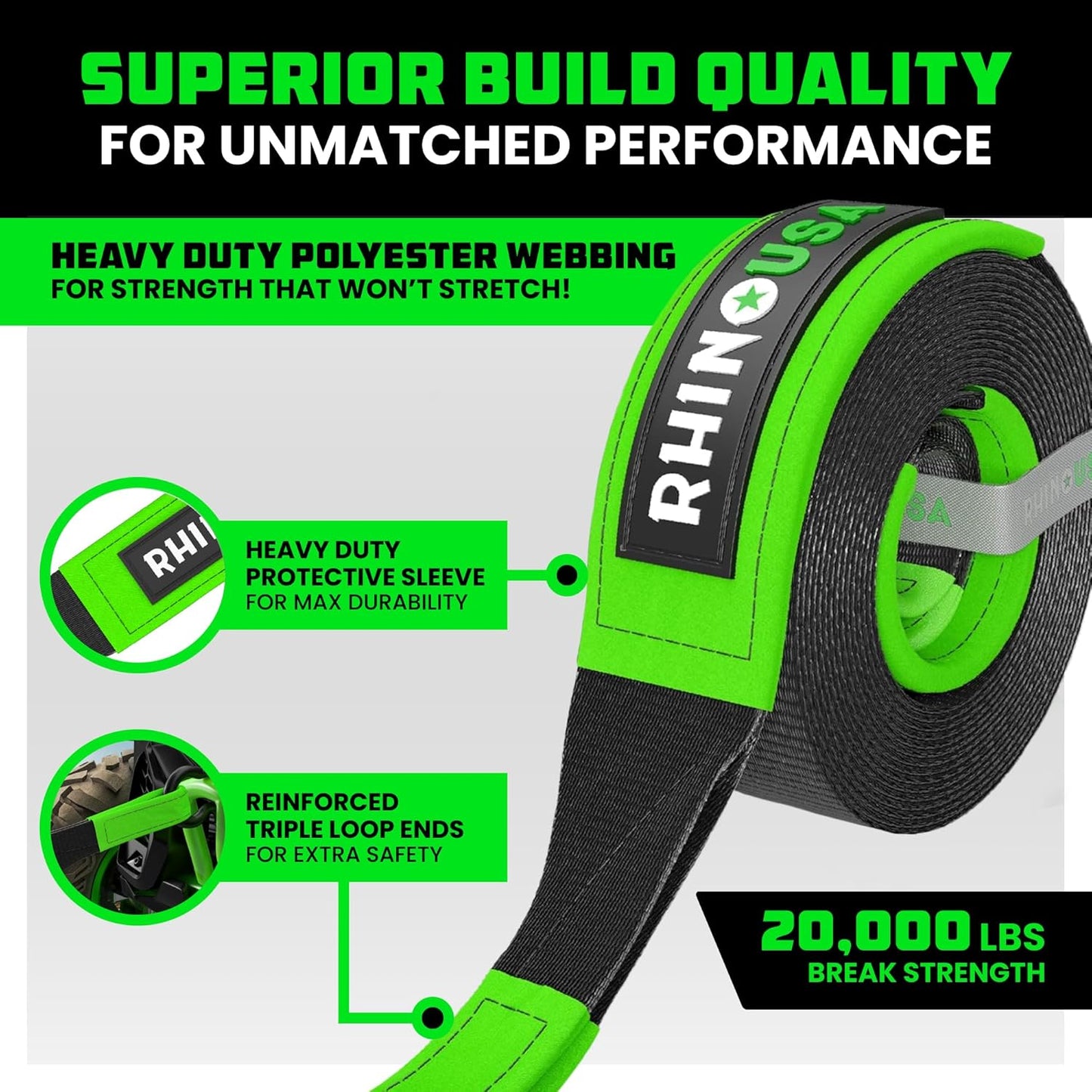 Rhino USA Recovery Tow Strap (2" x 20') - 20,024lb Break Strength - Emergency Recovery Strap Tow Rope for UTV, ATV & More - Heavy Duty Towing Strap for Offroad 4x4 Use - Compatible with RZR and Can-Am