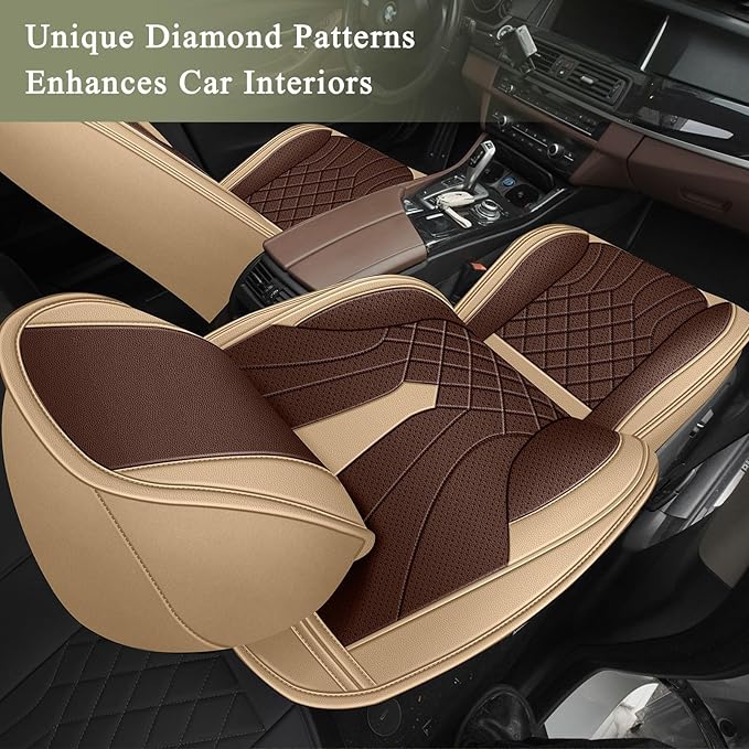 Breathable Car Seat Covers for Nissan Kicks 2025 2026 2022 2021 2020 2019 2018, Perforated Leather Full Set 5 Seats, for Nissan Kicks Accessories (Beige&Brown)