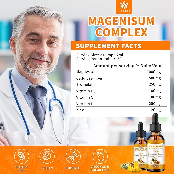 Magnesium Glycinate Liquid Drops. High Absorption Magnesium Liquid Supplement, with Cellulose Fiber, Vitamin B6, C, D, Zinc,for Sleep, Nerve, Energy, Muscle, Bone, Calm & Digestion, 2 Fl oz
