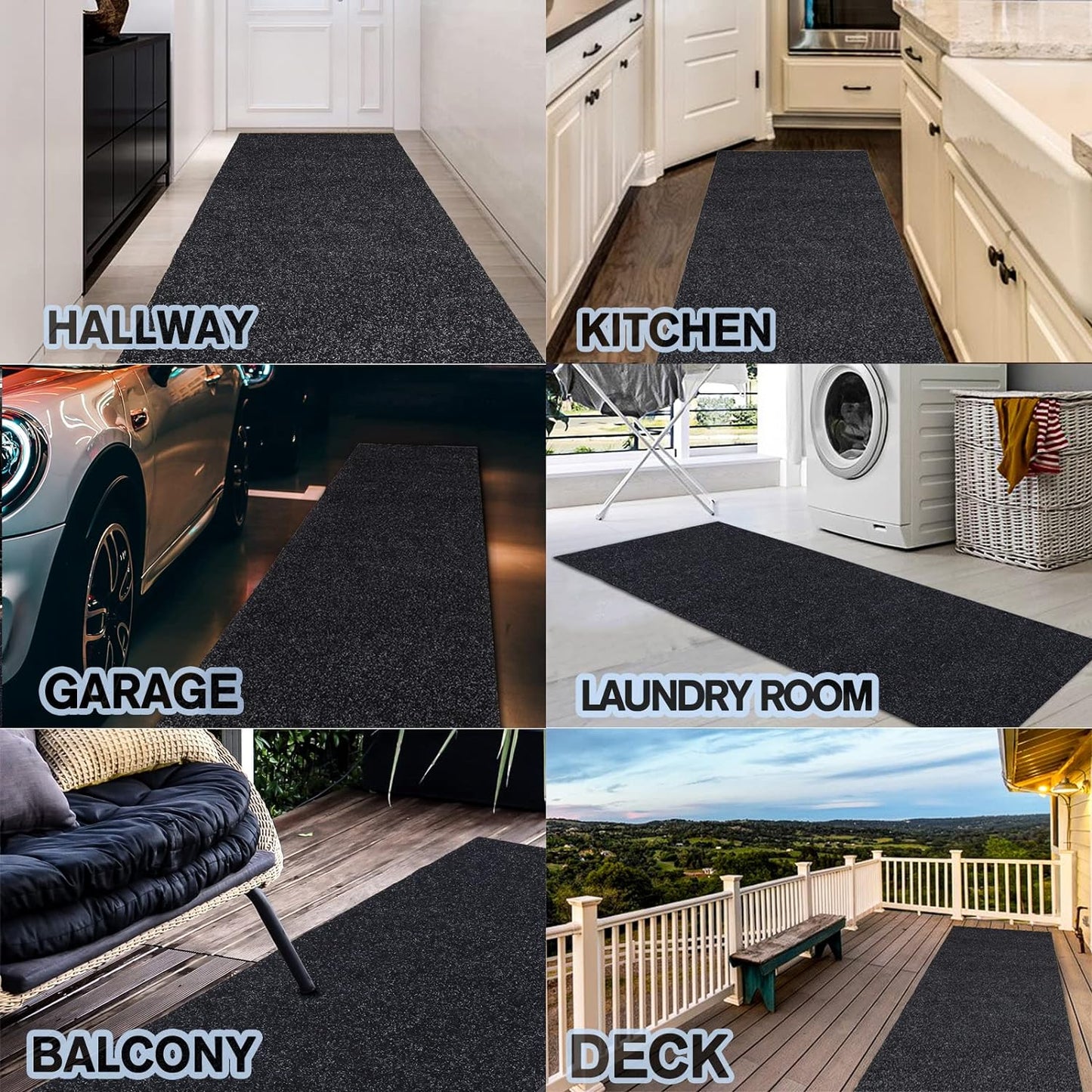 Custom Size Backed Non-Slip Area Rugs Runner, Easy Clean, Waterproof Runner Rugs for Hallway Entryway, Kitchen, Laundry, 3FT x 54FT, Black