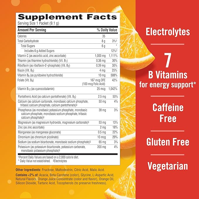 Emergen-C 1000mg Vitamin C Powder for Daily Immune Support Caffeine Free Vitamin C Supplements with Zinc and Manganese, B Vitamins and Electrolytes, Super Orange Flavor - 30 Count