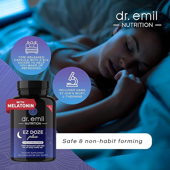 DR. EMIL NUTRITION EZ Doze Melatonin-Free Natural Sleep Aid with L-Theanine, GABA & 5HTP - Extra Strength Sleeping Pills for Adults - Safe and Non-Habit Forming (60 Veggie Capsules)