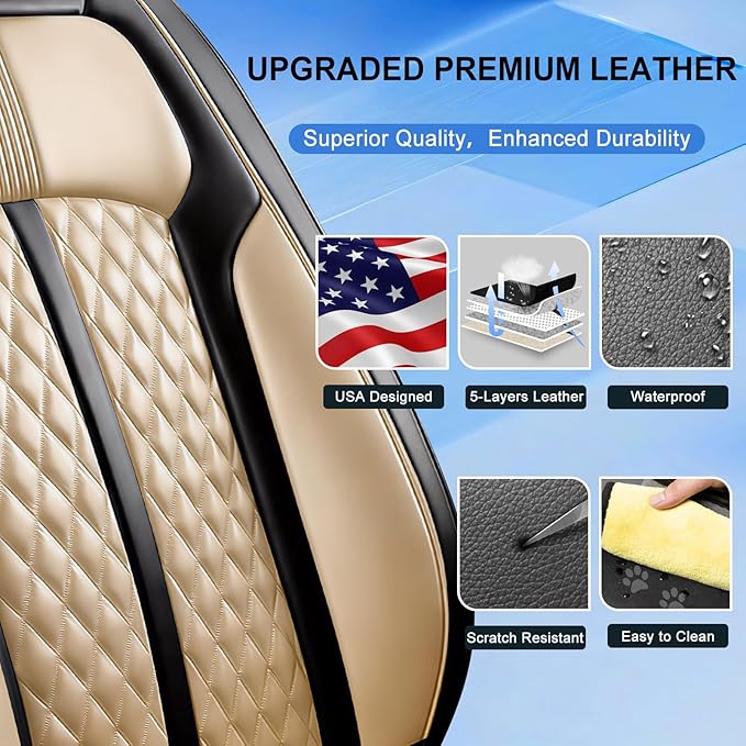 Fit RAV4 Car Seat Covers for Select Toyota RAV 4 2013-2026/RAV4 Hybrid - Premium Full Coverage Leather, Airbag Compatible, Waterproof & All Weather Seat Protector, Front Pair Black+Beige